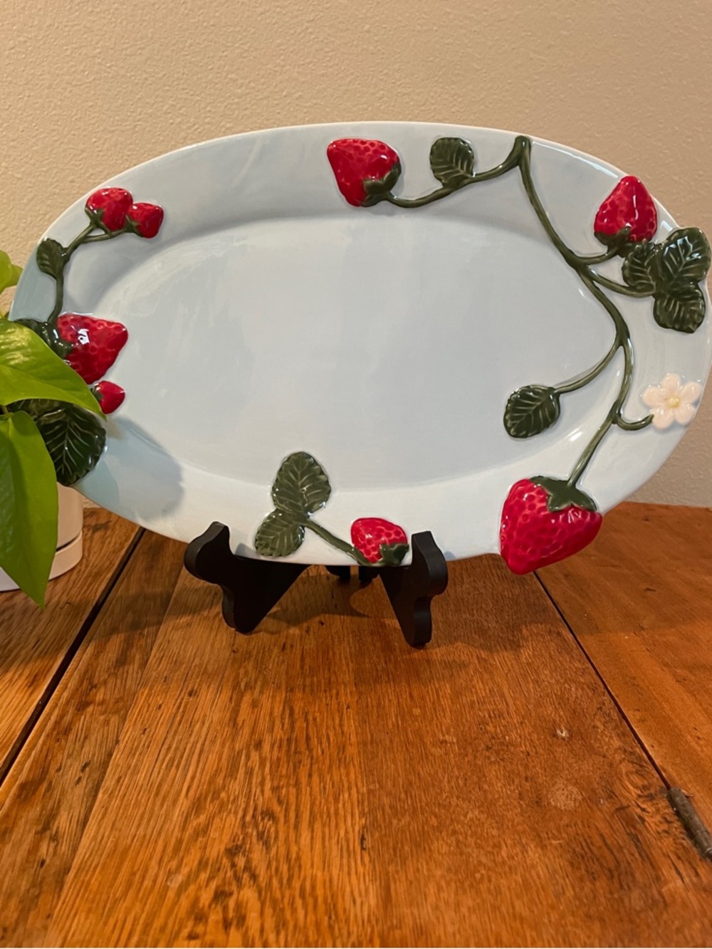 Blue Strawberry Relief Ceramic Serving Platter – Cottagecore – 14"